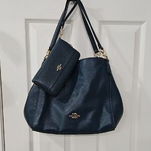 Coach Navy Blue Leather Tote Bag and Wallet Set